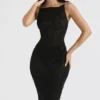 Amirah Black Mesh Crystal Embellished Midi Dress