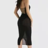 Amirah Black Mesh Crystal Embellished Midi Dress