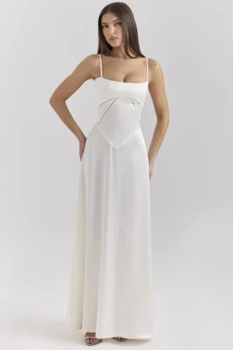Anabella Ivory Satin Lace Up Maxi Dress