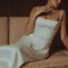 Anabella Ivory Satin Lace Up Maxi Dress