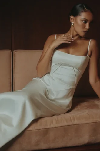 Anabella Ivory Satin Lace Up Maxi Dress