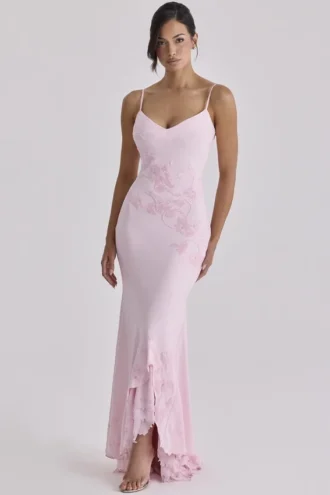 Anastelle Pink Hand Beaded Embellished Satin Maxi Dress