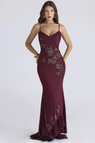 Anastelle Plum Hand Beaded Embellished Satin Maxi Gown – Limited Edition