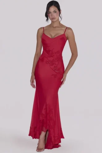 Anastelle Red Hand Beaded Embellished Satin Maxi Dress – Limited Edition