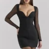 Angelie Black Stretch Crepe Plunge Mini Dress