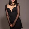 Angelie Black Stretch Crepe Plunge Mini Dress