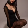 Angelie Black Stretch Crepe Plunge Mini Dress