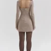 Angelie Brown Puppytooth Check Plunge Mini Dress