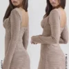 Angelie Brown Puppytooth Check Plunge Mini Dress