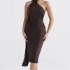Angelina Chocolate Wrap Neck Midi Dress