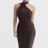 Angelina Chocolate Wrap Neck Midi Dress