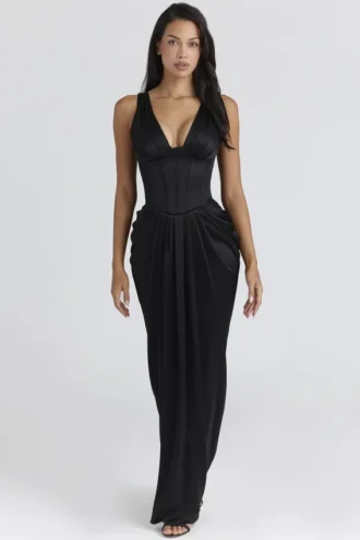Angeline Black Satin Hourglass Maxi Dress – Limited Edition