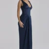 Angeline Navy Satin Corset Maxi Dress