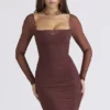 Anouk Mocha Mesh Long Sleeve Mini Dress