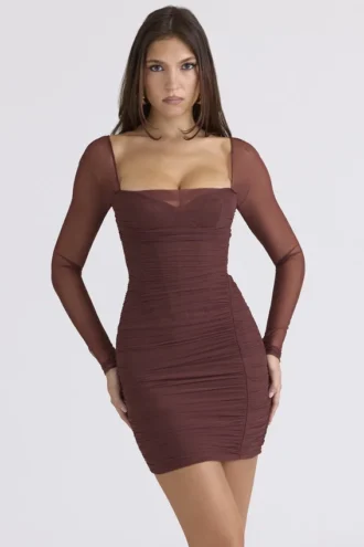 Anouk Mocha Mesh Long Sleeve Mini Dress
