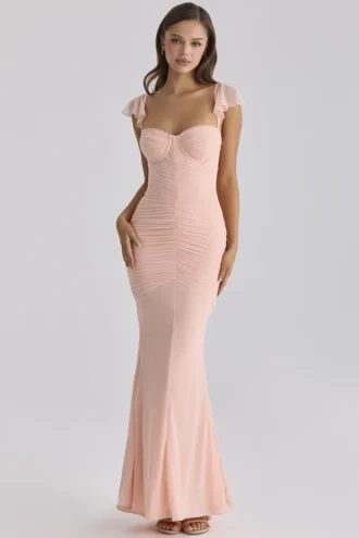 Antonella Peach Mesh Silhouette Maxi Dress