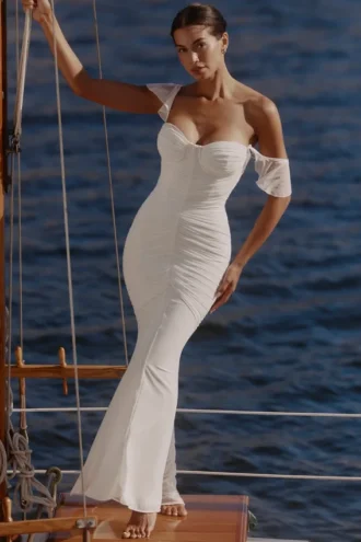Antonella White Gathered Mesh Maxi Dress