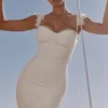 Antonella White Gathered Mesh Maxi Dress