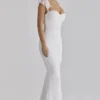 Antonella White Gathered Mesh Maxi Dress