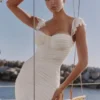 Antonella White Gathered Mesh Maxi Dress