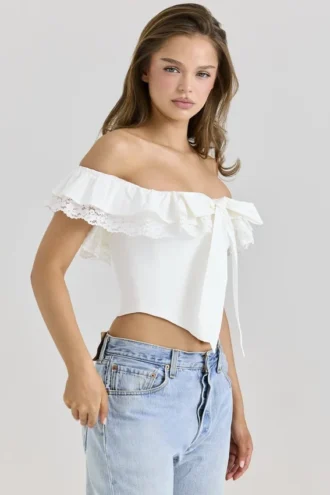 Aria White Stretch Cotton Off-The-Shoulder Frill Corset