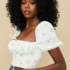 Arianna Ivory Floral Puff Sleeve Cropped Top