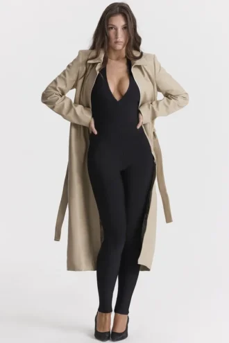 Ariel Beige Vegan Leather Trench Coat