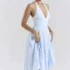 Arietta Bluebell Floral Jacquard Halter Midi Dress