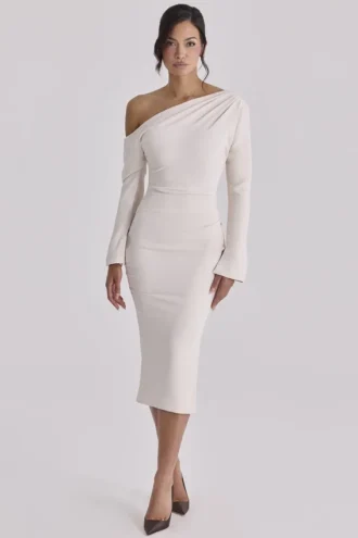 Arista Vintage Ivory Draped Crepe One Shoulder Midi Dress