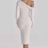 Arista Vintage Ivory Draped Crepe One Shoulder Midi Dress