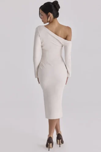 Arista Vintage Ivory Draped Crepe One Shoulder Midi Dress