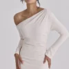 Arista Vintage Ivory Draped Crepe One Shoulder Midi Dress