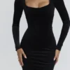 Asha Black Velvet Silhouette Midi Dress