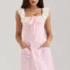 Astra Pink Gingham Cotton Ruffle Neck Mini Dress