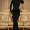 Athena Black Long Sleeve Crepe Jersey Maxi Dress