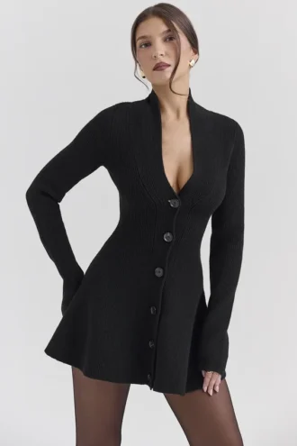 Aubrey Black Wool Knitted Cardigan Dress