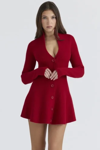 Aubrey Red Pure New Wool Cardigan Mini Dress
