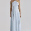 Avelina Blue Satin Halter Neck Godet Maxi Dress