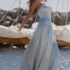Avelina Blue Satin Halter Neck Godet Maxi Dress