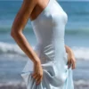 Avelina Blue Satin Halter Neck Godet Maxi Dress