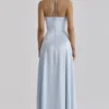 Avelina Blue Satin Halter Neck Godet Maxi Dress
