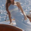 Avelina Blue Satin Halter Neck Godet Maxi Dress