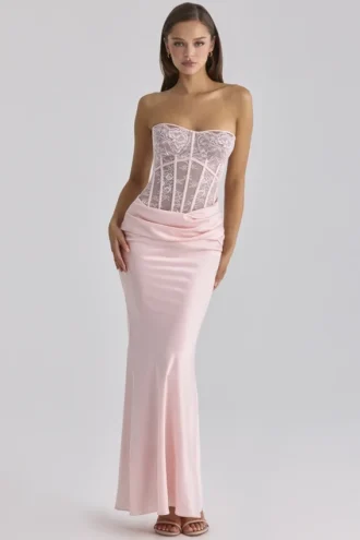 Ayana Pink Lace + Satin Maxi Corset Dress