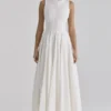 Azalina White Boat Neck Button Front Cotton Maxi Dress