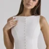 Azalina White Boat Neck Button Front Cotton Maxi Dress
