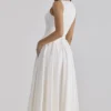 Azalina White Boat Neck Button Front Cotton Maxi Dress
