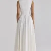 Azalina White Boat Neck Button Front Cotton Maxi Dress