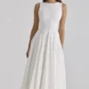 Azalina White Boat Neck Button Front Cotton Maxi Dress