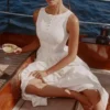 Azalina White Boat Neck Button Front Cotton Maxi Dress