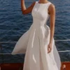 Azalina White Boat Neck Button Front Cotton Maxi Dress